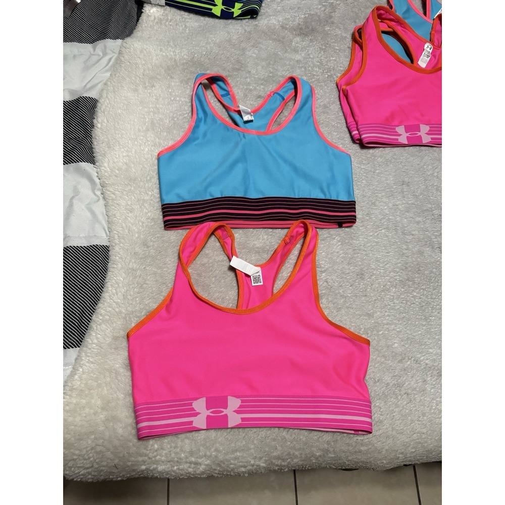 New Under Armour Women's Lot Of 2 Pink Blue Sports Bras Paddless Small Bundle d
